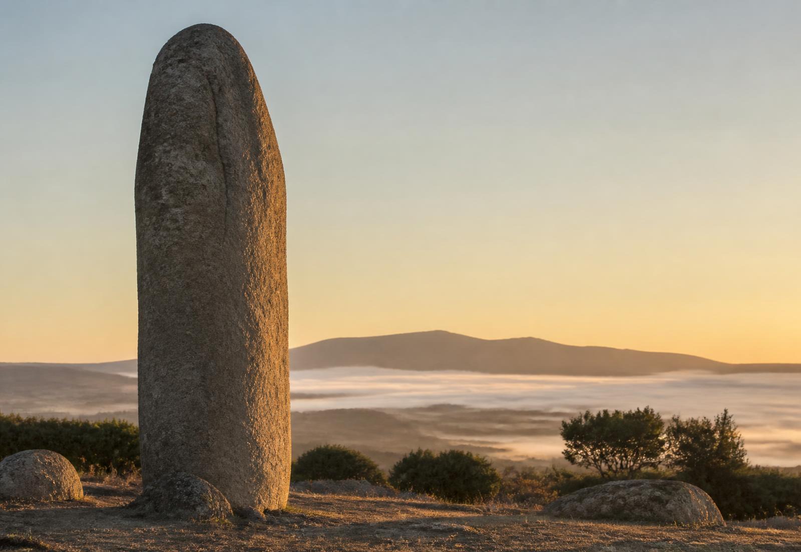 Menhir in pietra granitica nel paesaggio sardo all'alba